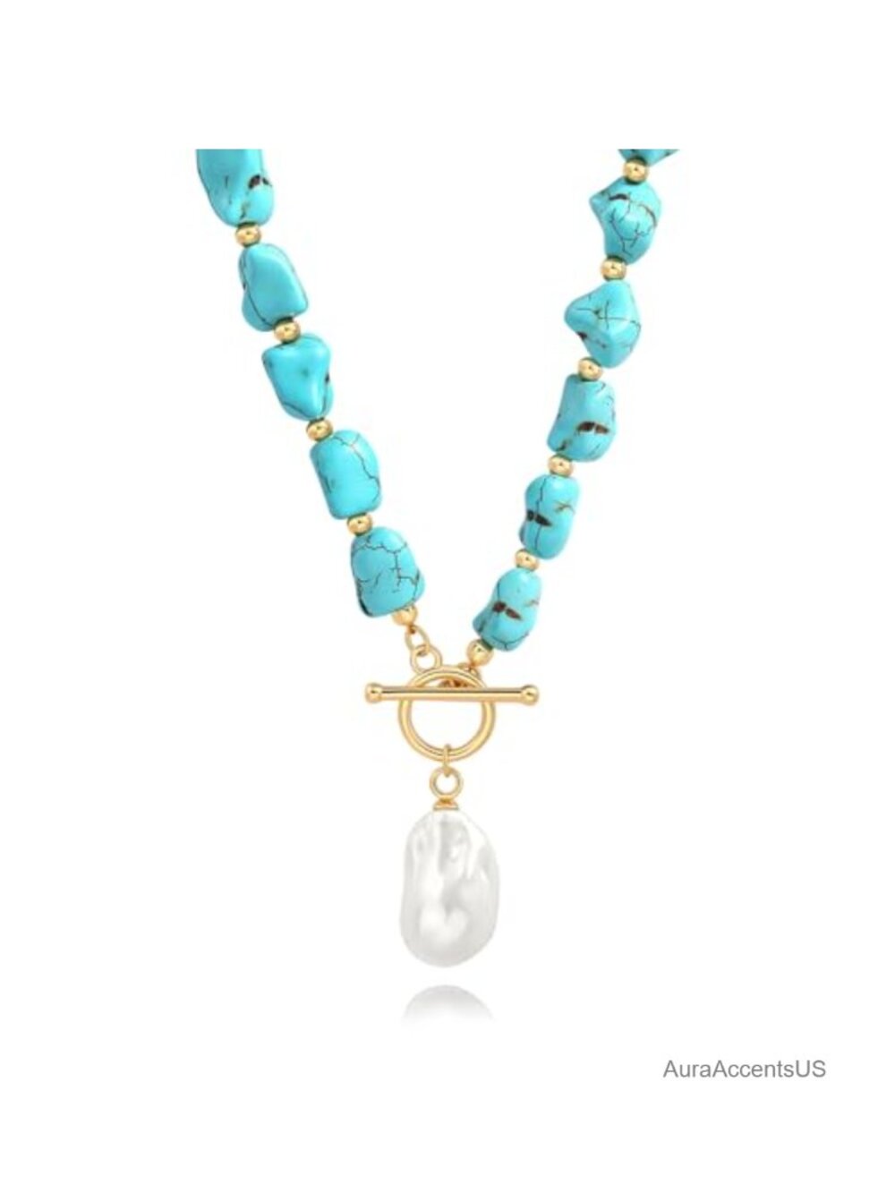 Turquoise Pearl Pendant Necklace 18K Gold Plated Toggle Minimalist Boho Choker